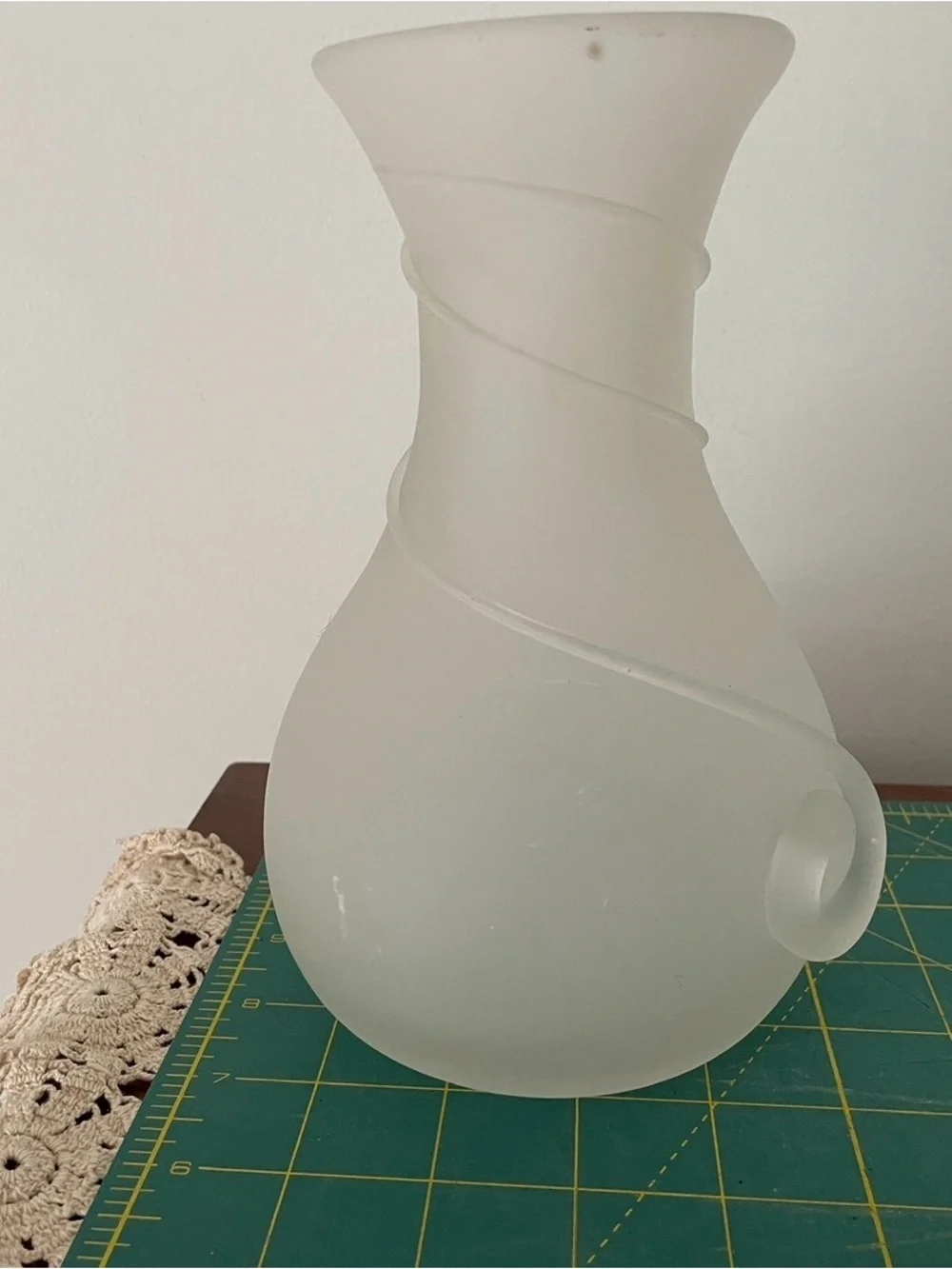 Frosted White Glass Vase with Swirl Accent